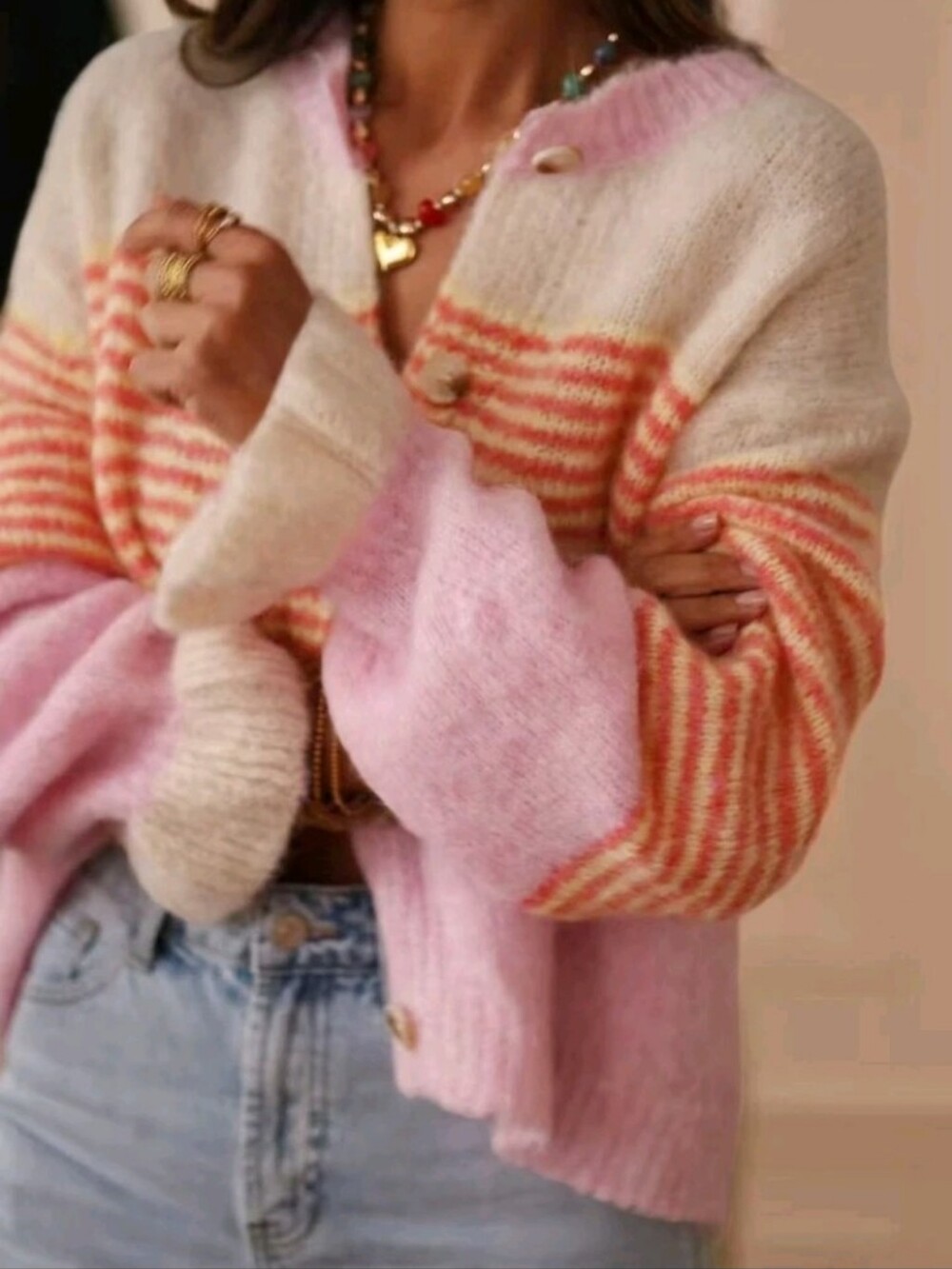 Women's Striped Knit Button Front Frill Trim Cardigan Long Sleeve Top, Elegant